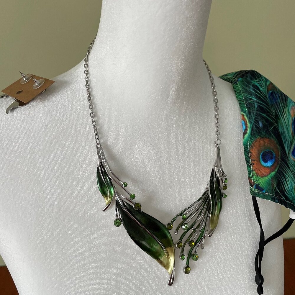 Adorable Peacock Necklace, Earrings, & Cotton Face Mask Set - Picture 4 of 12